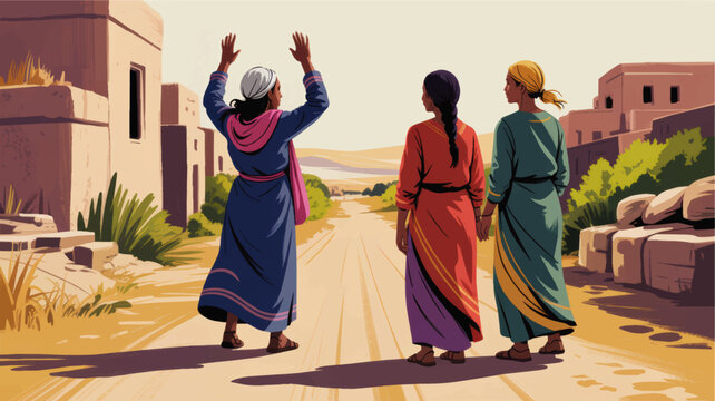 Biblical women on dusty road leaving ancient village, Middle Eastern desert landscape, faith journey, Christian illustration