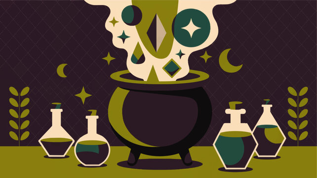 Magical witch cauldron with potions and mystical smoke, flat Halloween illustration in green and purple fantasy style
