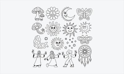 Fototapeta premium Outline vector set of 60s and 70s psychedelic clipart. Groovy mushrooms, flowers, sun, moon, butterfly in line style vector illustration