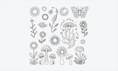 Obraz premium Outline vector set of 60s and 70s psychedelic clipart. Groovy mushrooms, flowers, sun, moon, butterfly in line style vector illustration