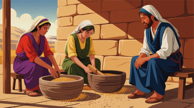 Biblical family scene of women grinding grain in clay bowls with man resting by stone wall, ancient Middle Eastern village illustration