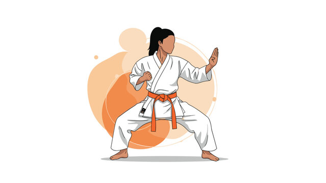 Female martial artist in a white gi and orange belt performs a powerful karate stance against an abstract orange background.