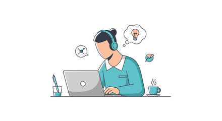 Remote Worker Illustration with Laptop Headphones and Creative Thought Bubble © Ryu