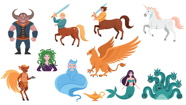 Fantasy collection of legendary mythical creatures featuring a minotaur, centaur, unicorn, griffin, medusa, genie, and mermaid.