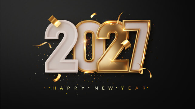 2026 Happy New Year Greeting Banner. Christmas Holiday Dark Banner with Golden numbers date 2026 on Dark Festive Background