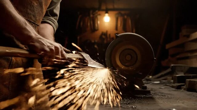 Blacksmith carefully sharpens axe head with sparks flying in his workshop, creating a stunning display of skill.