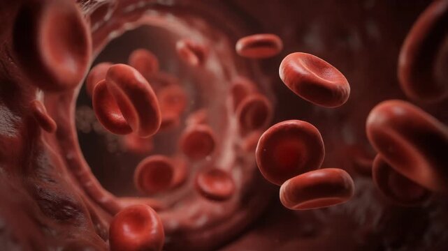 Firefly glowing in vibrant colors diving into the dynamic bloodstream among red blood cells