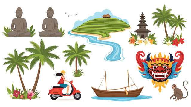 Comprehensive collection of traditional Balinese symbols including buddha statues, rice terraces, palm trees, temples, masks, and a red scooter.