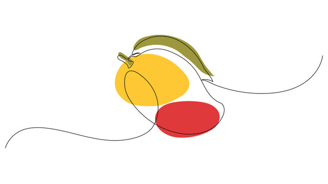Minimalist Continuous One-Line Mango Illustration with Flat Vector Color Shapes. Summer Fuit Concept.