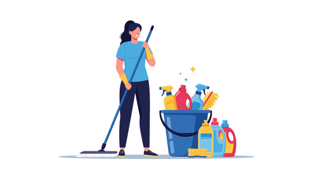 Cheerful woman in a blue shirt and gloves holding a cleaning mop next to a bucket filled with various colorful products for household chores.
