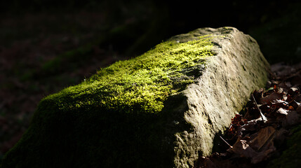 Fototapeta premium Vibrant green moss adorns a weathered forest rock, illuminated by a sunbeam, creating a stark contrast against the dark, mysterious woodland background. Serene nature