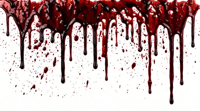 Blood splatter dripping down with dark red white background liquid splatter dripping violence sinister halloween accident bleeding abstract isolated suspense emergency