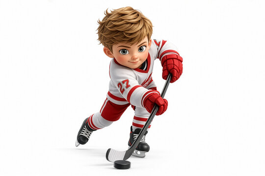 A young hockey player in a red‑and‑white uniform skates forward while controlling a puck, showing motion, focus, and energetic athletic action on a clean white background.