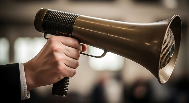 Hand in suit holds old megaphone, amplifying sound, ready for announcement