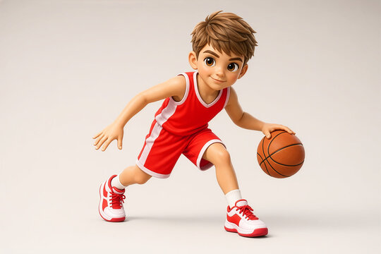 A young basketball player in a red-and-white uniform dribbles a ball in a dynamic pose, conveying motion, focus, and playful athletic energy on a clean neutral background.