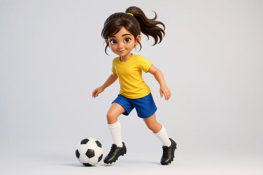 A playful child in a yellow shirt and blue shorts prepares to kick a soccer ball, showing motion, focus, and youthful energy on a clean light background.