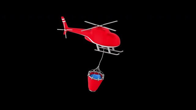 Fire prevention concept. Animation of a firefighting helicopter carrying a water tank, 3d render with alpha channel