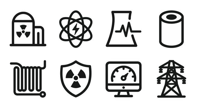 Vector icon set for Small Modular Reactors (SMR), next-gen nuclear energy, and carbon-free power platforms. Bold rounded outline style for energy dashboards and industrial engineering UI/UX.