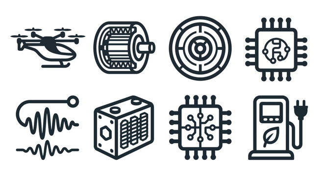Vector icon set for sustainable aviation, electric aircraft (eVTOL), and advanced air mobility platforms. Bold rounded outline style for aerospace dashboards and flight tracking UI/UX.