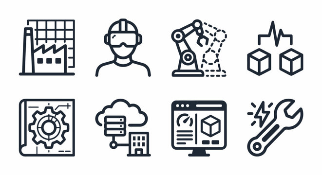 Vector icon set for Digital Twins, Industrial Metaverse, and smart manufacturing. Bold rounded outline style for IIoT dashboards, factory simulation software, and Industry 4.0 UI/UX interfaces.