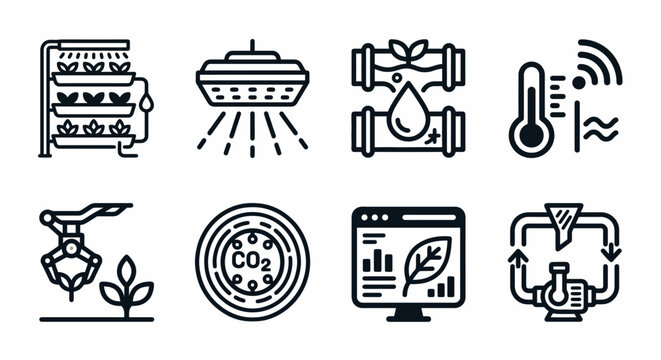 Vector icon set for vertical farming, hydroponics, and smart agriculture platforms. Bold rounded outline style for AgTech dashboards, greenhouse automation software, and sustainable farming UI/UX.
