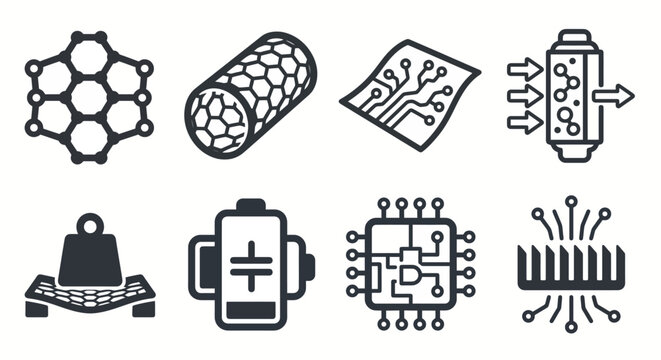 Vector icon set for graphene, nanotechnology, and advanced 2D materials. Bold rounded outline style for materials science dashboards, nanotechnology software, and industrial engineering UI/UX.