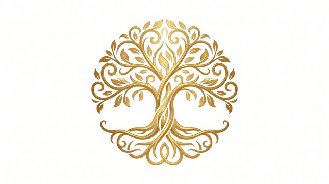 Golden tree of life emblematic design with spiritual mythology genealogy connection immortality branches decorative ornamental illustration circular wellbeing meditation vitality infinity