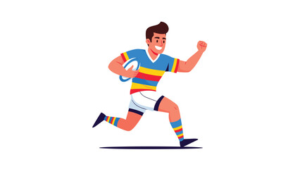 Obraz premium Energetic male rugby player in a blue and yellow striped jersey running fast with the ball during a competitive match on a white background.