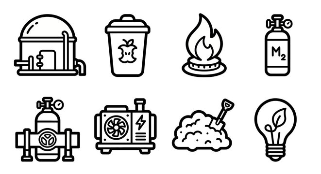 Vector icon set for carbon capture and storage (CCS), environmental engineering, and climate change mitigation technology. Bold rounded outline style for sustainability reports, green tech branding, a