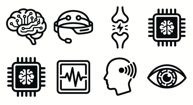 Vector icon set for brain-computer interfaces, neural engineering, and neurotechnology. Bold rounded outline style for med-tech branding, artificial intelligence research apps, and future-computing UI