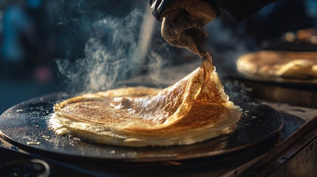 Brazilian tapioca crepe being folded on hot griddle with steam and golden texture in street food setting