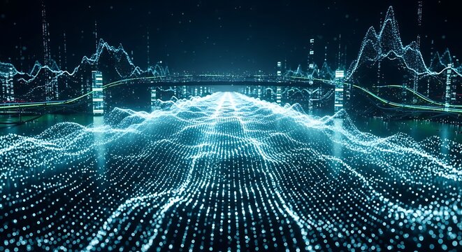 Futuristic digital data landscape with glowing blue particles