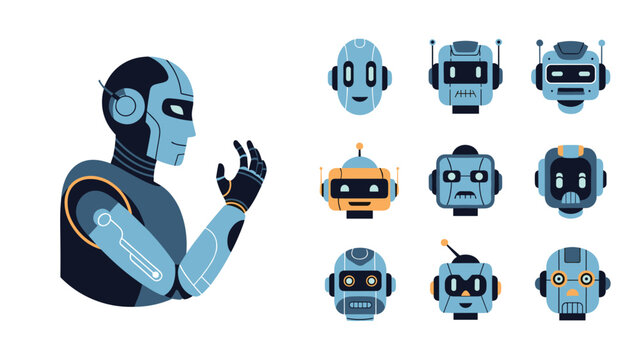 Selection of different robot head designs and a profile of a humanoid robot character in a modern blue and yellow color palette.