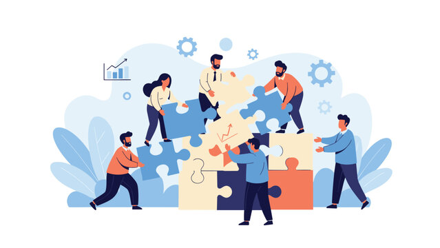 Group of business professionals working together to assemble large jigsaw puzzle pieces representing teamwork and corporate strategy.