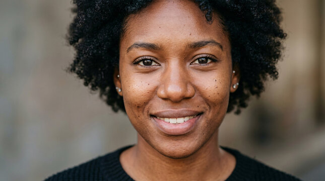 Portrait of a smiling young African American woman with short curly hair and a warm, friendly expression