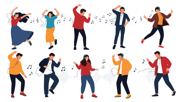 Diverse group of people are shown dancing and enjoying music while wearing headphones with musical notes floating around them in the air.
