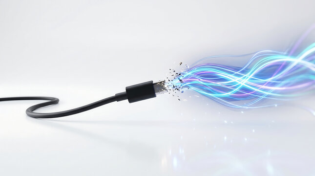 Modern black usb type c cable with vibrant glowing blue and purple light energy waves emitting from the connector representing high speed data transfer power and digital connectivity
