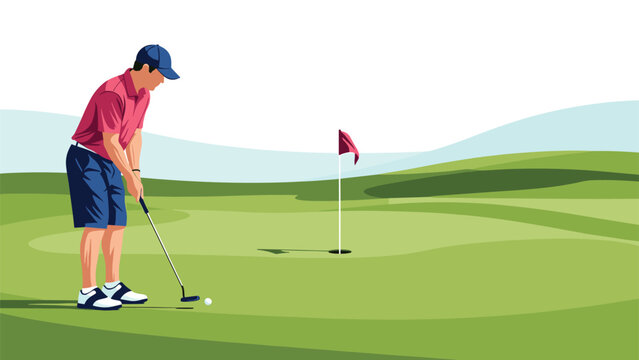 Professional male golfer taking a precise putt on a lush green course with a red flag marking the hole in the distance.