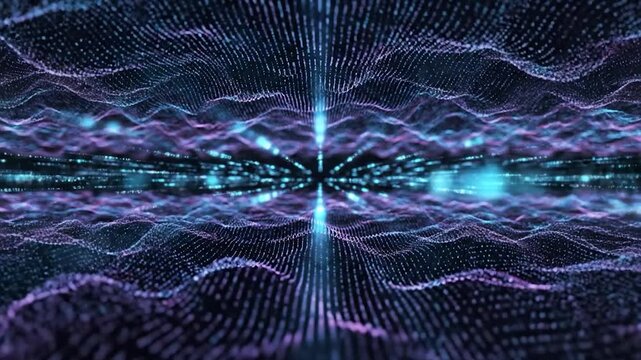 Glowing purple and blue particles form dynamic undulating waves in a deep infinite cyberspace horizon environment