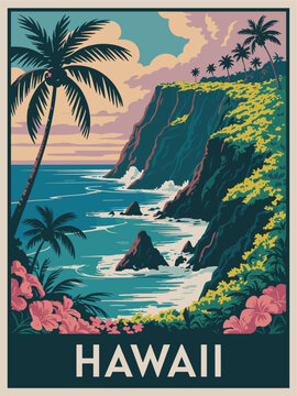Retro Hawaii poster with towering cliffs lush vegetation turquoise ocean crashing waves palm trees and pink flowers in mid century modern style