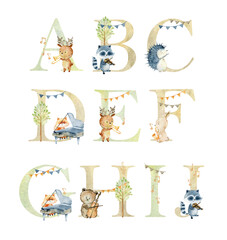 Naklejka premium Vector watercolor musical animals letters for invitation card, nursery poster and other.