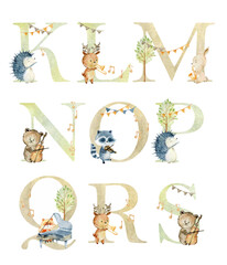Fototapeta premium Vector watercolor musical animals letters for invitation card, nursery poster and other.