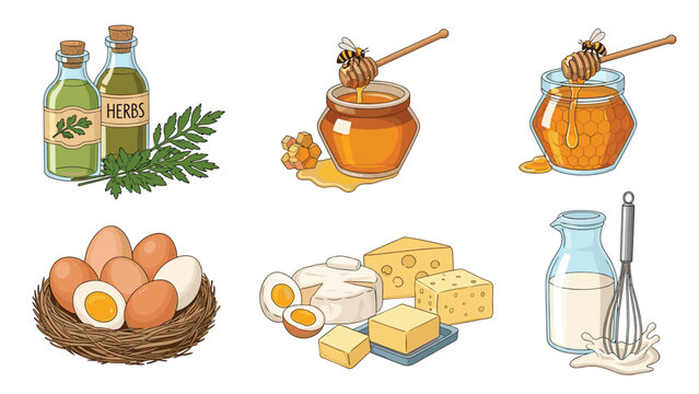 Assorted healthy food ingredients including fresh eggs in a nest, jars of golden honey, cheese blocks, and a bottle of milk.