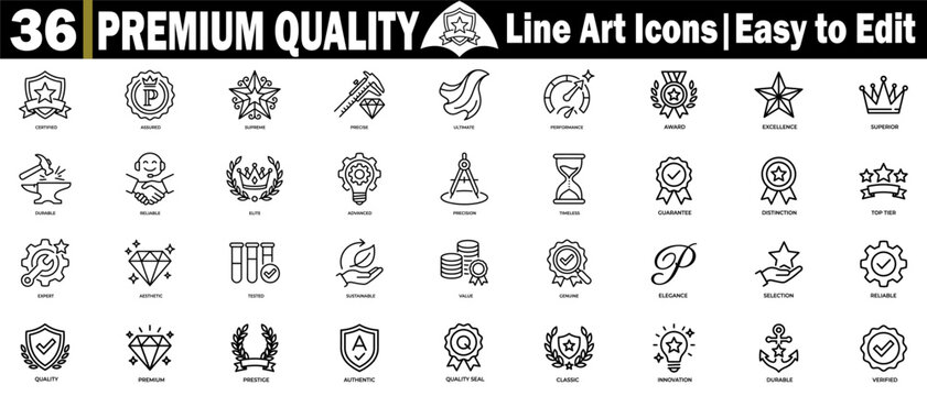 Premium quality line art icons set. This collection includes badges, awards, and exclusive symbols for certifications.