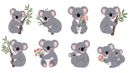 Fototapeta premium Charming set of grey koala bear illustrations featuring characters climbing branches, sleeping, holding flowers, and a mother with her baby.