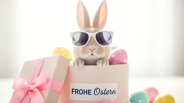 Easter bunny in gift box wearing sunglasses with 'frohe ostern' text, pink bow