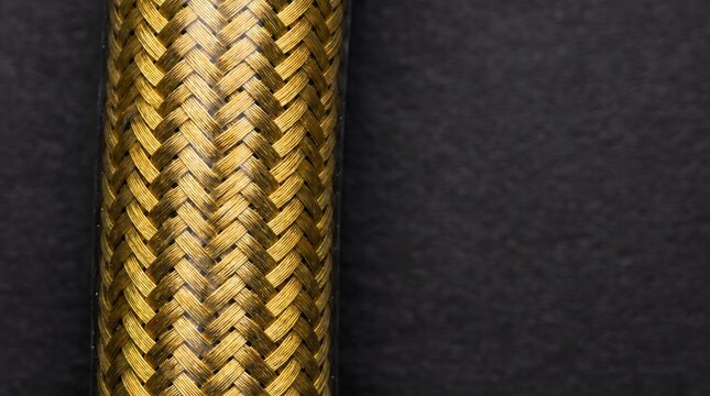 Braided metallic pipe, industrial detail and texture manufacturing detail,copy space, professional background, technical textile