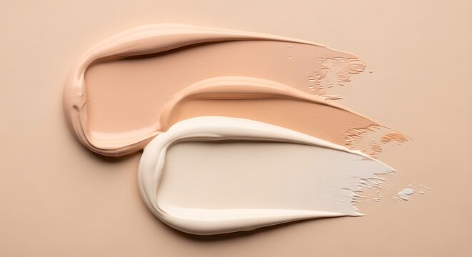 Three cosmetic foundation swatches spread on beige background showing different nude shades and textures of liquid makeup cream for skin tone matching beauty product testing.