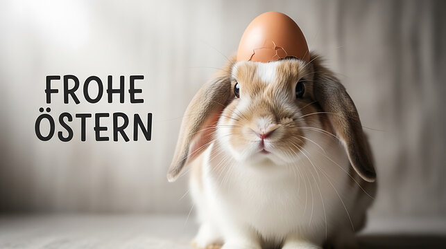 Close-up of a lop-eared rabbit with an egg on its head, easter greeting
