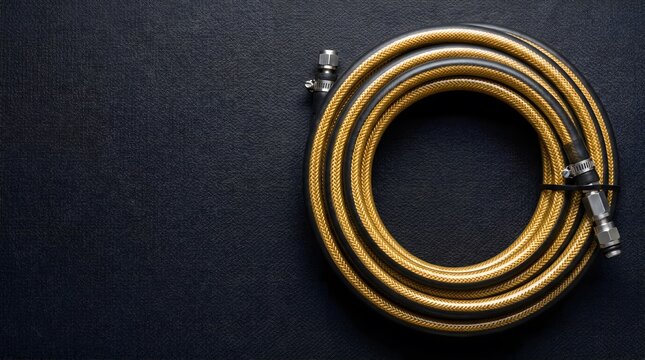 Coiled hose with connectors, industrial equipment and construction tool manufacturing detail,copy space, professional background, technical textile